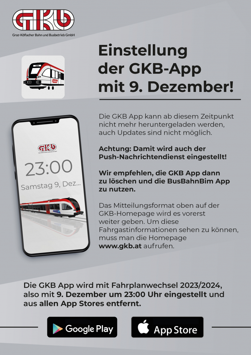 Einstellung der GKB-App mit 9. Dezember 2023
