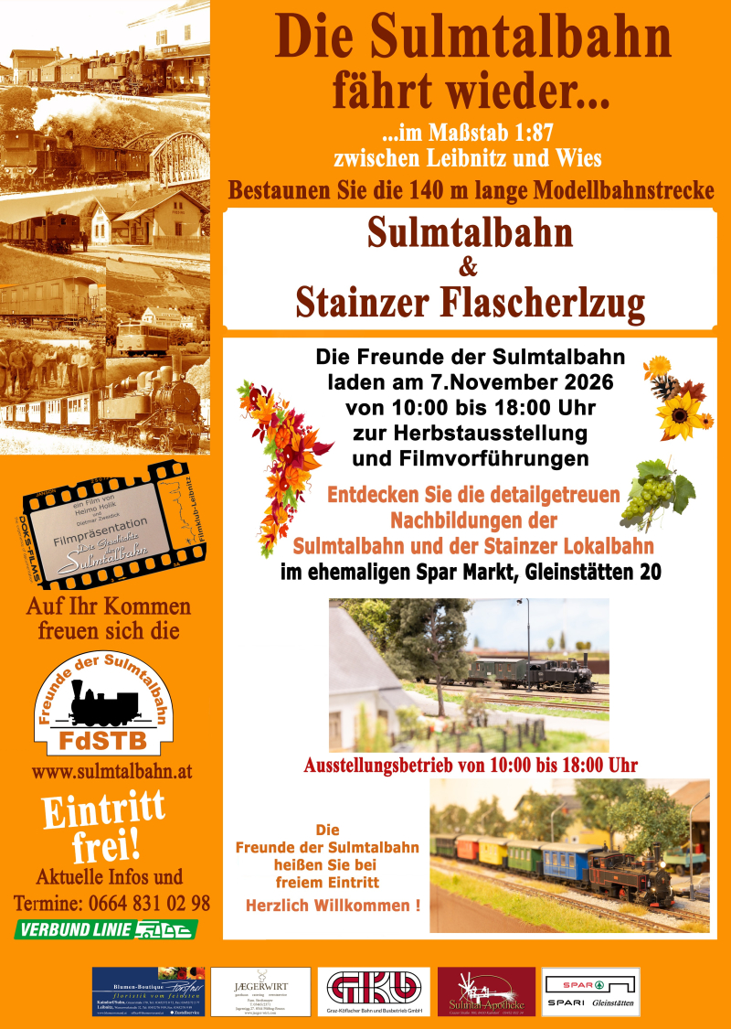 Die Freunde der Sulmtalbahn laden am 07. November 2026 zur Herbstausstellung und Filmvorführungen