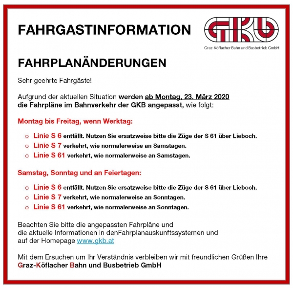 Coronavirus-Maßnahmen: Fahrplanänderungen bei der GKB